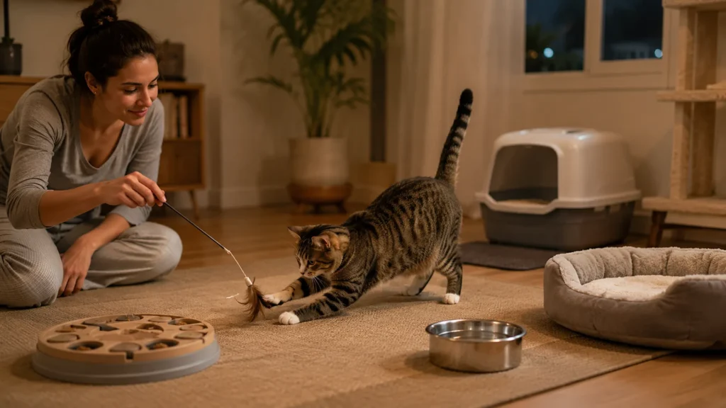 Cat playing with an interactive toy during a nighttime routine