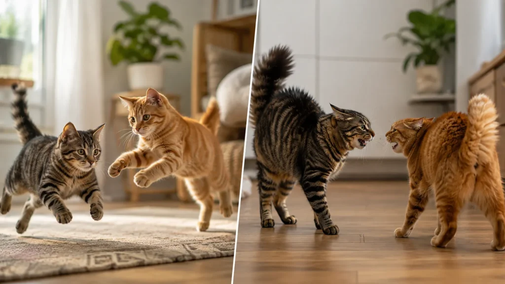 Two domestic cats showing playful interaction compared with two cats displaying aggressive body language Two domestic cats showing playful interaction compared with two cats displaying aggressive body language
