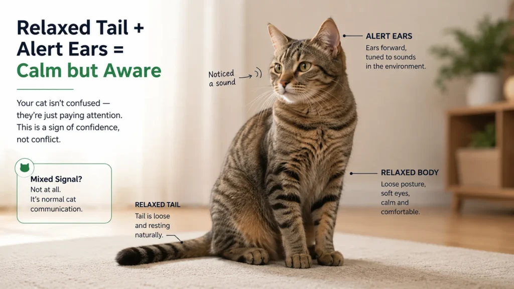Cat with a relaxed tail and alert ears showing calm awareness