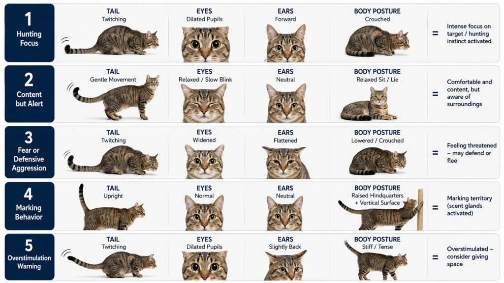 Cat tail twitching combined with ears, eyes, and body posture to show different emotions