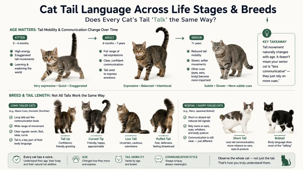 Cat tail language differences in kittens, adult cats, senior cats, and bobtail breeds