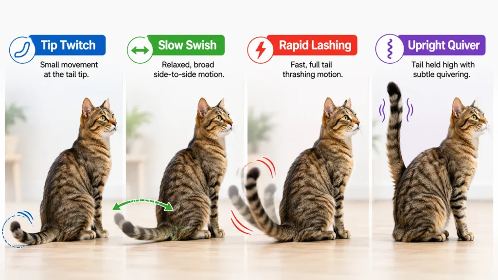 Cat tail twitch decoder showing tip twitch, slow swish, rapid lashing, and upright quiver