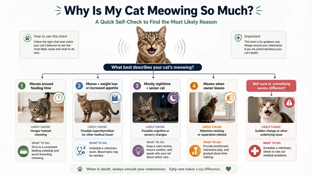 Excessive cat meowing self-check showing common causes and next steps