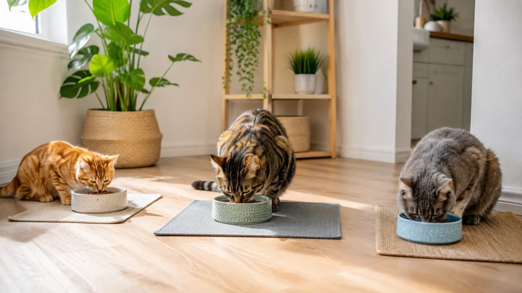 Multiple cats eating from separate feeding stations in different areas of the home Multiple cats eating from separate feeding stations in different areas of the home