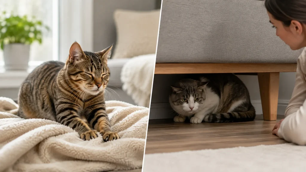 Domestic cat showing relaxed body language with ears forward, upright tail, and calm posture indoors Domestic cat showing relaxed body language with ears forward, upright tail, and calm posture indoors