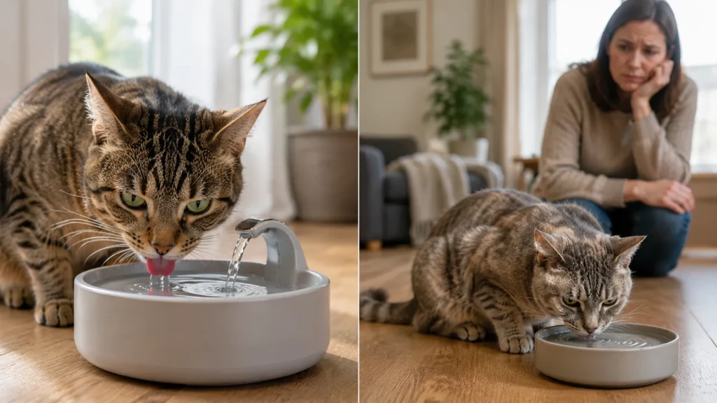 Comparison of a healthy cat drinking normally and another cat showing unusually frequent drinking that may require veterinary attention. Comparison of a healthy cat drinking normally and another cat showing unusually frequent drinking that may require veterinary attention.
