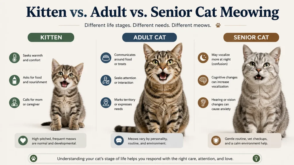 Kitten adult and senior cats showing different reasons for meowing
