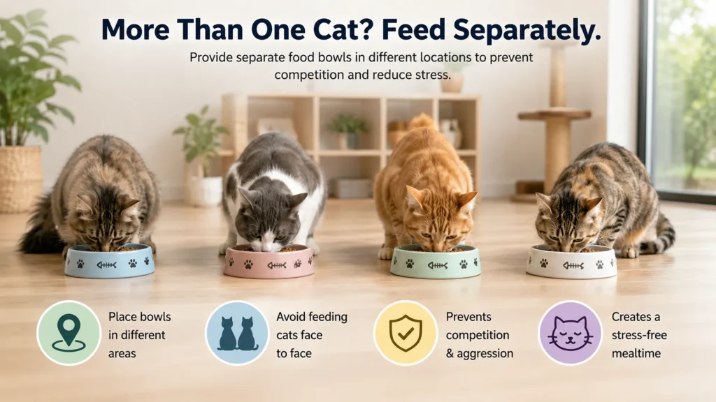 Feeding Multiple Cats - Separate Bowls Setup Two cats eating from separate bowls to prevent food guarding in multi-cat households