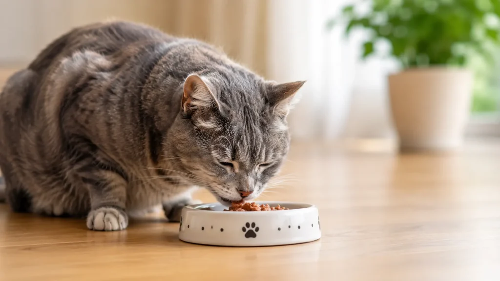 Senior Cat Feeding - Smaller, Frequent Meals Senior cat eating a small portion of food, reflecting reduced appetite with age