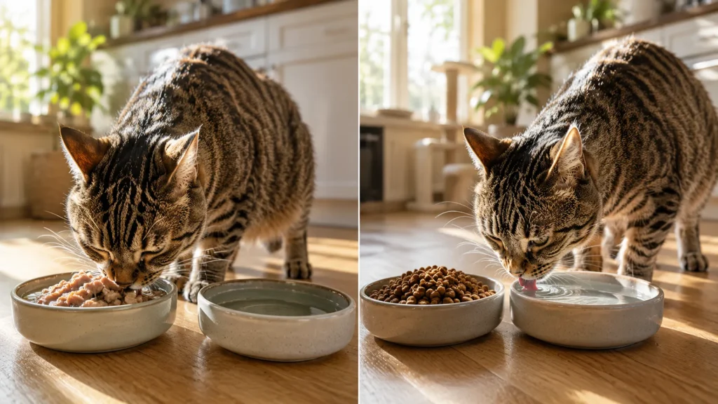 Comparison of cats eating wet food and dry kibble showing different water drinking frequency and hydration needs. Comparison of cats eating wet food and dry kibble showing different water drinking frequency and hydration needs.