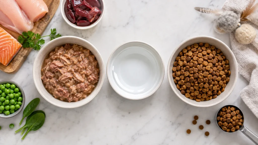 Wet cat food and dry kibble displayed side by side for feeding comparison Wet cat food and dry kibble displayed side by side for feeding comparison