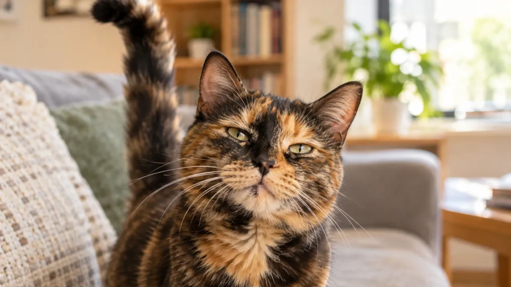 Relaxed tortoiseshell cat slow blinking with tail up, a sign of trust and affection