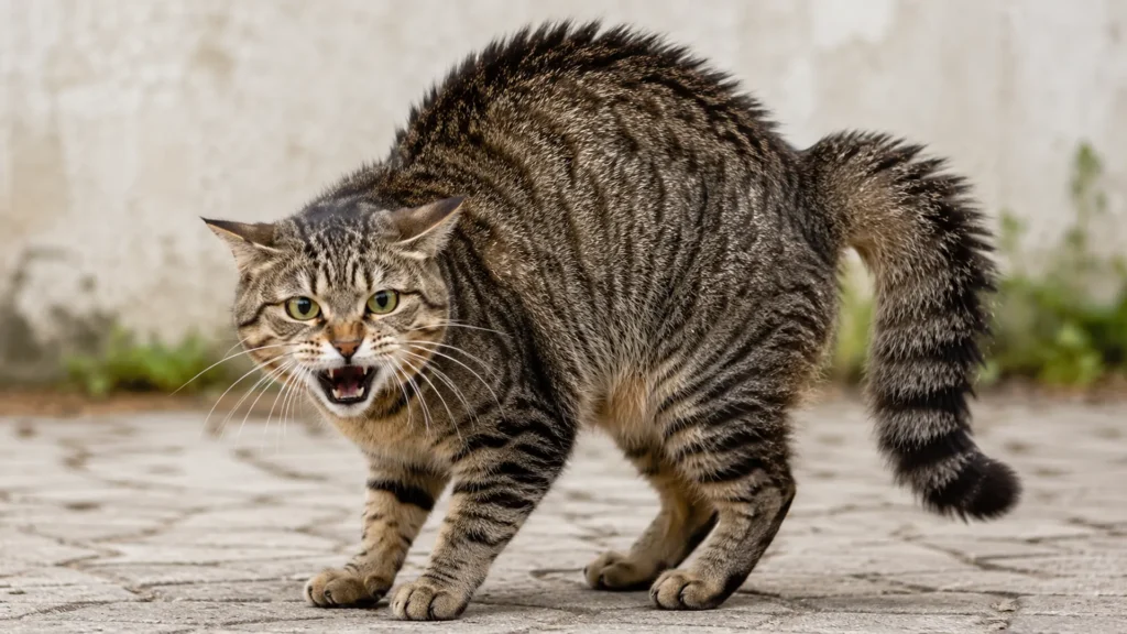 Cat displaying warning signs before hissing: flattened ears, arched back, and puffed tail