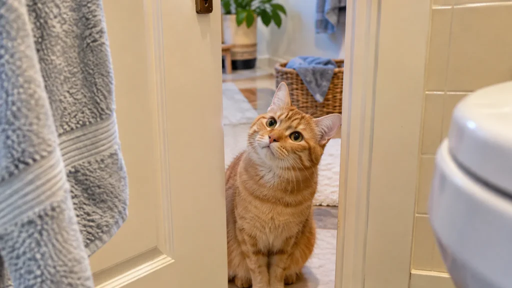 Ginger cat waiting outside the bathroom door, following its owner