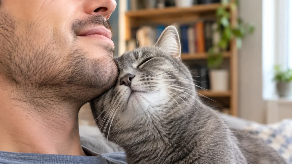 Cat Headbutting and Scent Marking Cat rubbing its cheek on owner's face to mark them with scent