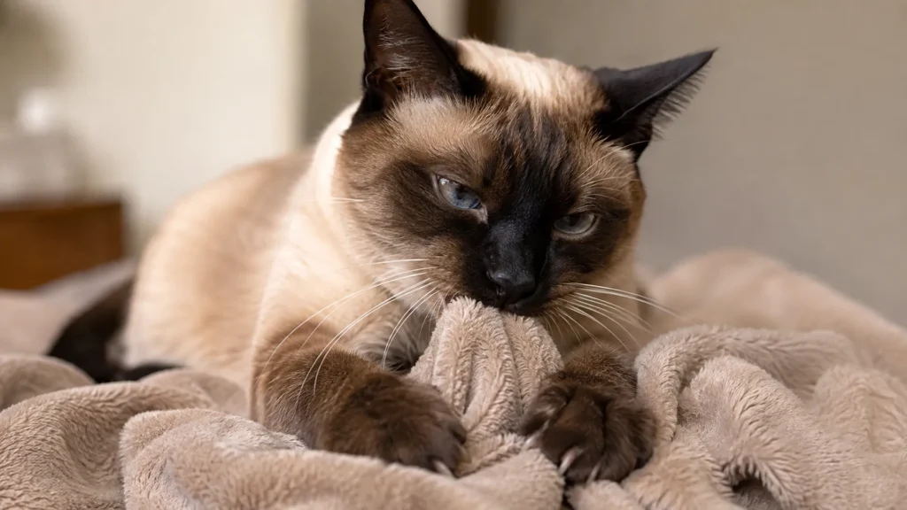 Cat Kneading and Sucking on a Blanket Siamese cat sucking and kneading a plush blanket