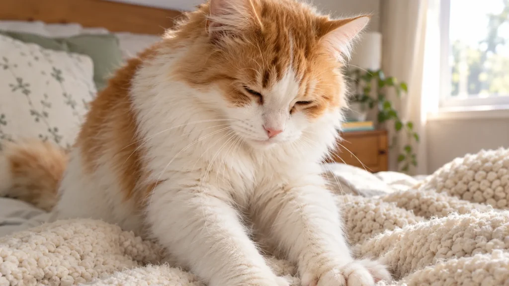 Cat Kneading a Blanket Before Sleep Cat kneading a soft knitted blanket before settling down to sleep