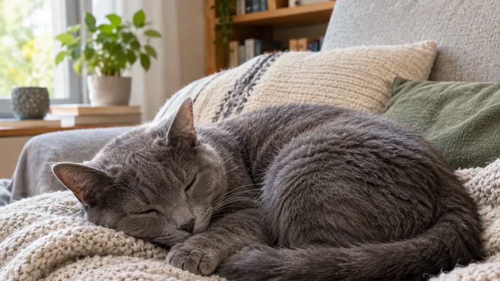 Cat Kneading Blanket Before Sleep Gray cat curling up to sleep on a wool blanket after kneading