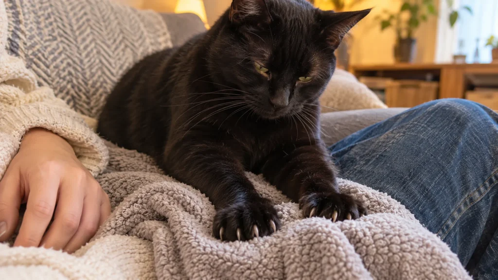 How to Stop Cat Kneading Claws From Hurting Black cat kneading a towel on its owner's lap to protect against sharp claws