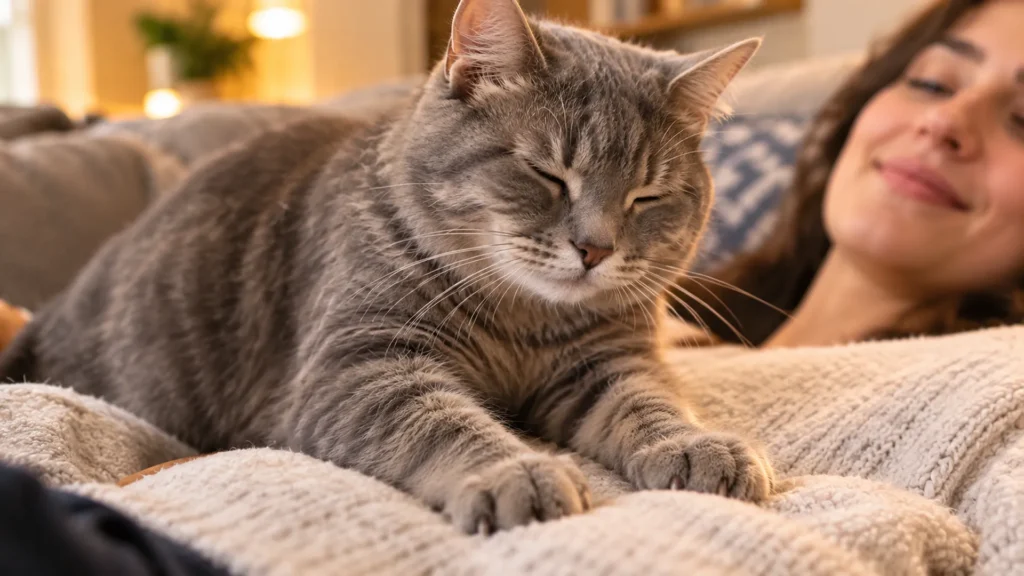 Content cat kneading on owner's chest while purring, showing cat bonding behavior