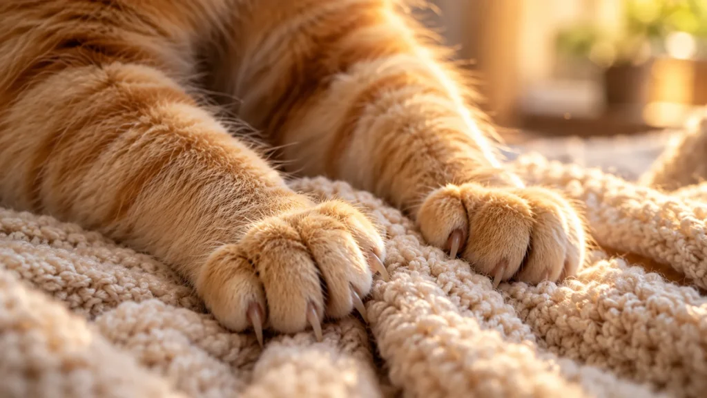 Close-up of a cat's paw kneading a soft knitted blanket showing claws