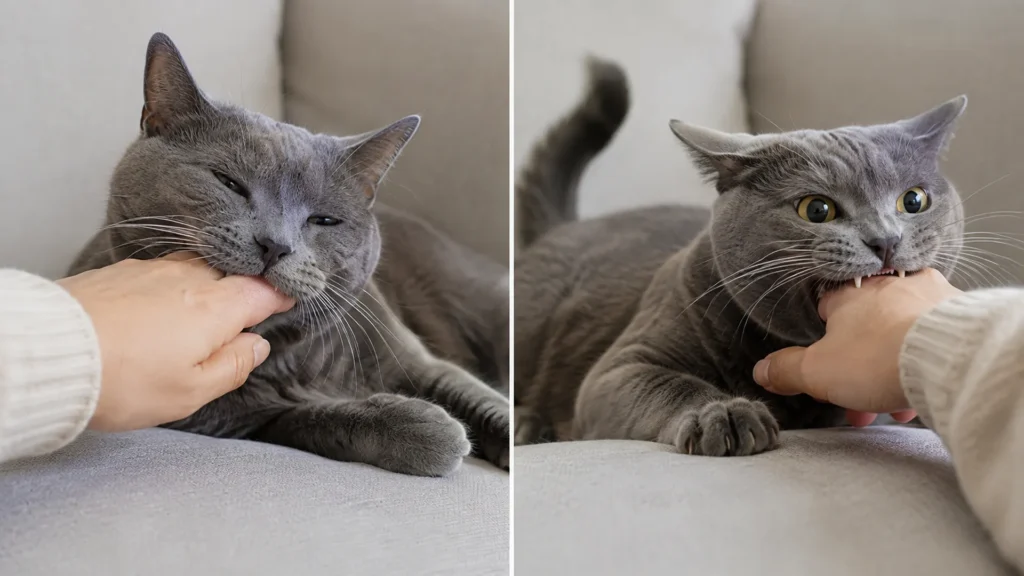 Cat Love Bite vs Overstimulation Bite Cat love bite compared with an overstimulation bite, showing relaxed versus tense body language