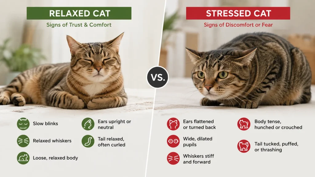 Side-by-side comparison of relaxed cat body language versus stressed cat body language