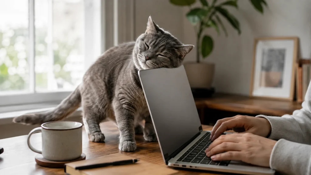 Cat Rubbing Against Laptop Gray cat rubbing its cheek against an open laptop while its owner types