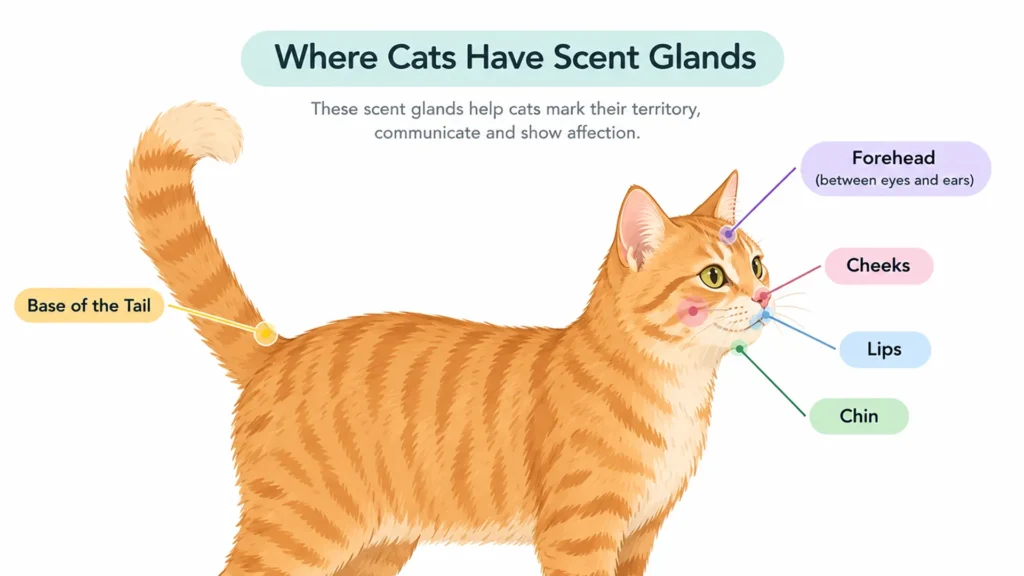 Cat Scent Glands Diagram Diagram showing cat scent glands on the cheeks, chin, lips, forehead, tail base, and paw pads