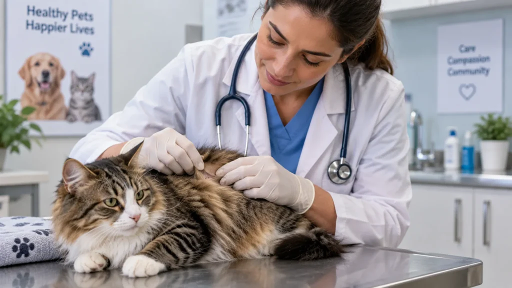 When excessive cat licking needs a vet visit Veterinarian examining a cat's fur and skin during a checkup