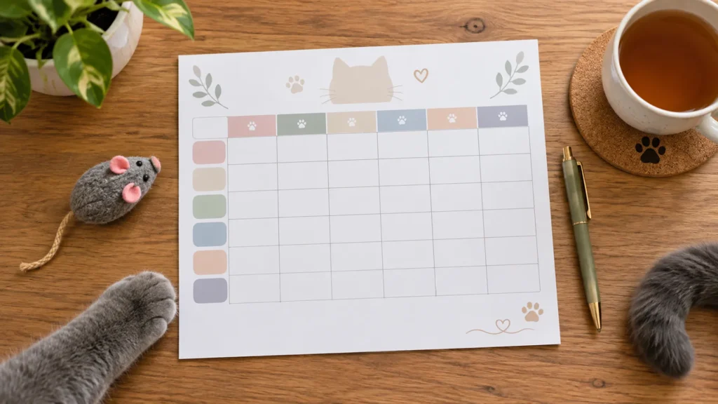 Printable 7-day clingy cat trigger diary on a desk with a pen and cat toy
