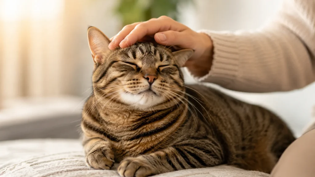 Owner gently letting a cat sniff their hand to rebuild trust after hissing