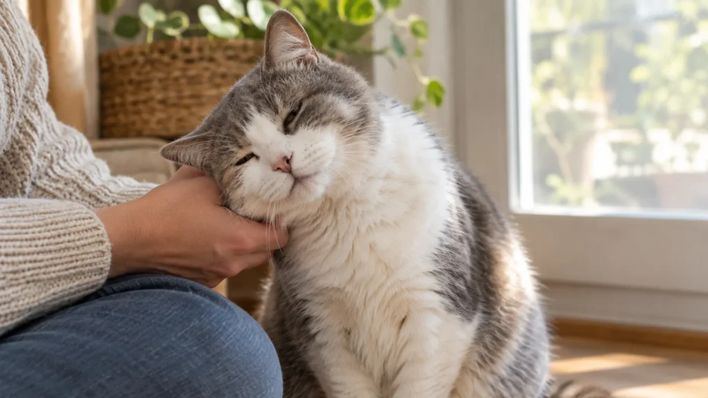 Senior Cat Becoming More Affectionate cat staying close to its owner, a sign of sudden affection in older cats