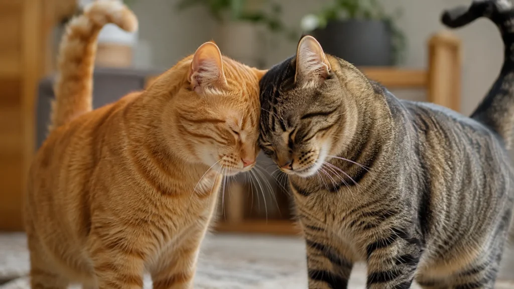 Cat headbutting between housemates in multi-pet homes Two cats headbutting each other to strengthen their social bond