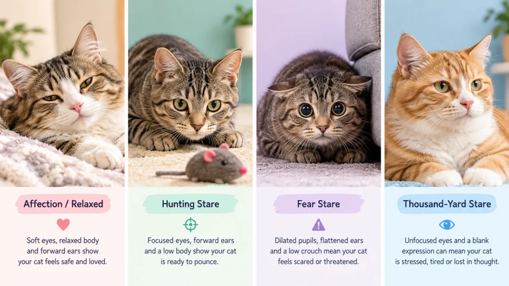 Cat Stare Types Explained – Affection vs Fear vs Curiosity Four types of cat stares compared: affection, hunting, fear, and thousand-yard stare