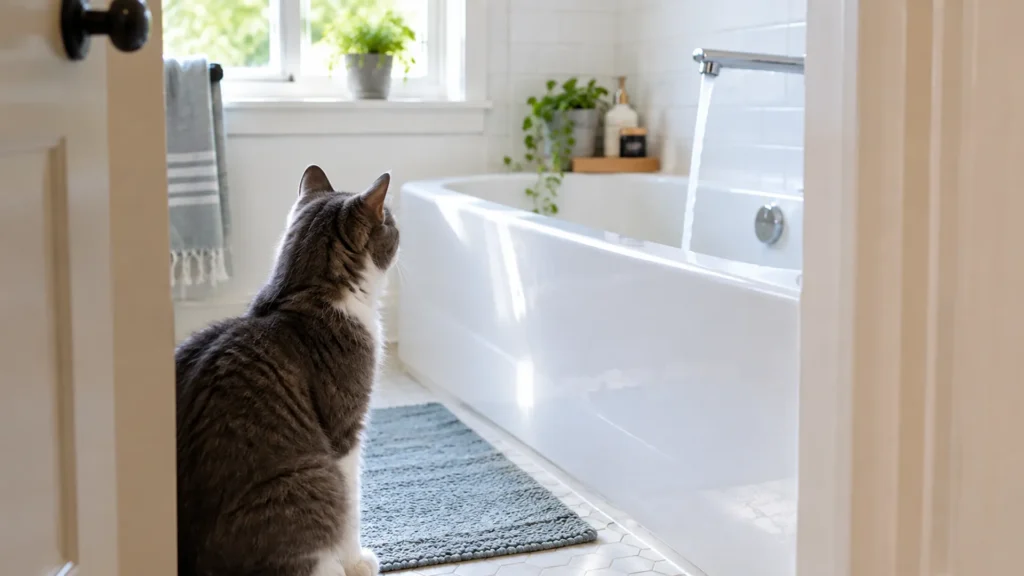 Curious cat sitting at the bathroom door watching a running tap