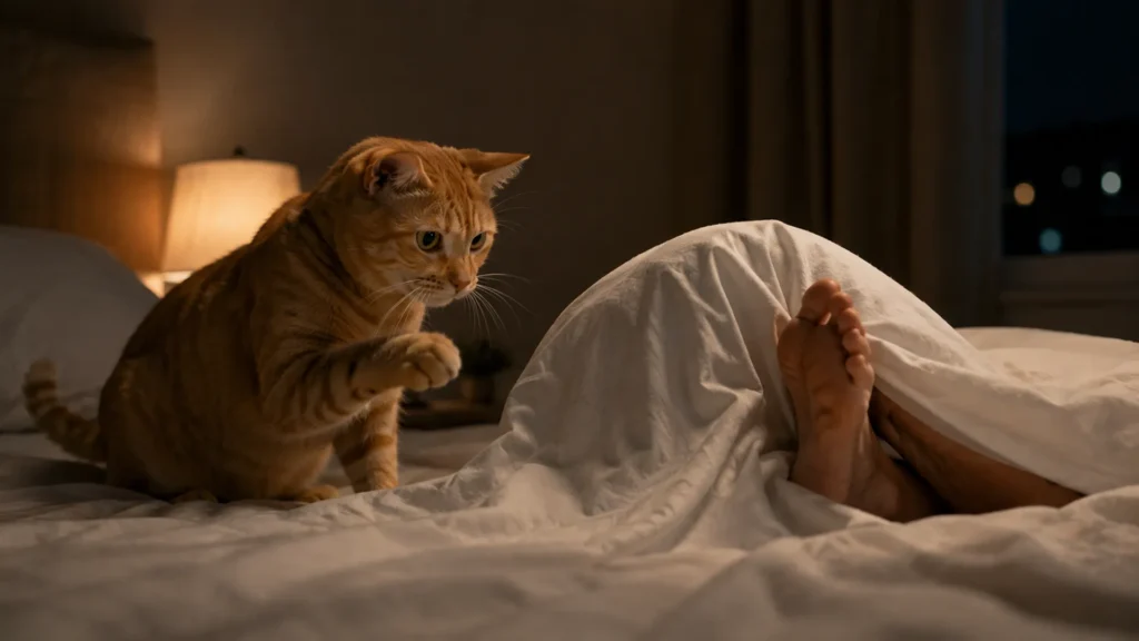 Cat Attacking Feet Under Blanket Cat attacking feet under the blanket at night