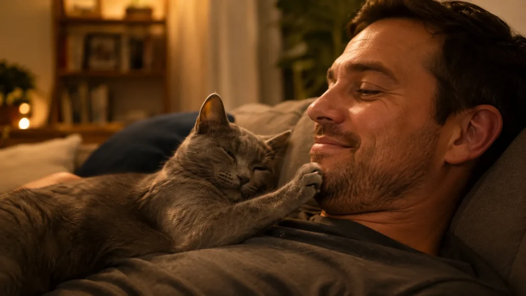 Cat Paw on Face Showing Affection Relaxed cat resting its paw on owner's face as a sign of affection