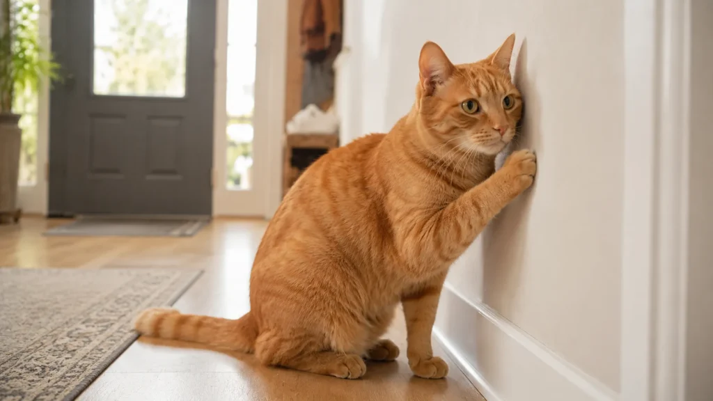 Cat Scratching Wall Near Front Door Alert orange cat pawing at a wall near the front door