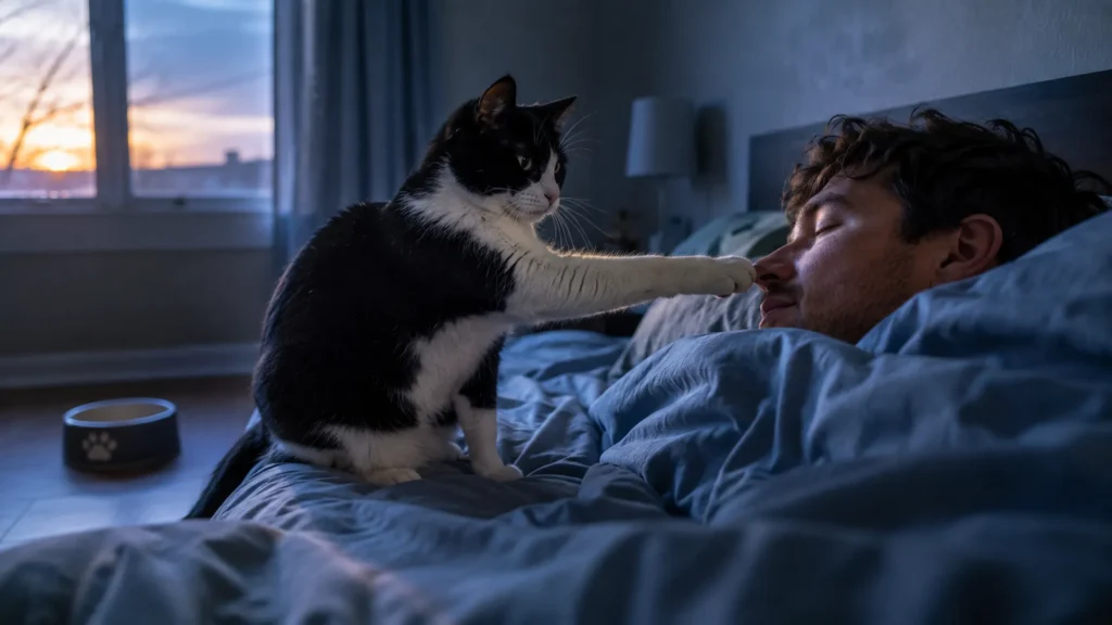 Cat Touching Face to Wake Owner for Breakfast Cat pawing at owner's face early morning to ask for breakfast