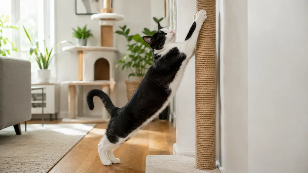 How to Stop Cat Scratching Wall With a Scratching Post Black-and-white cat stretching on a tall sisal scratching post next to a wall
