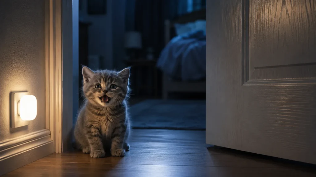 Kitten Meowing at Night Grey kitten meowing outside a bedroom door at night