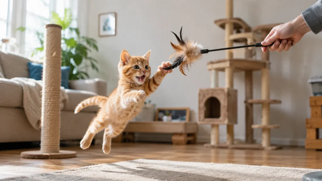 Kitten Playing With Wand Toy Orange kitten pouncing on a feather wand toy to burn off energy
