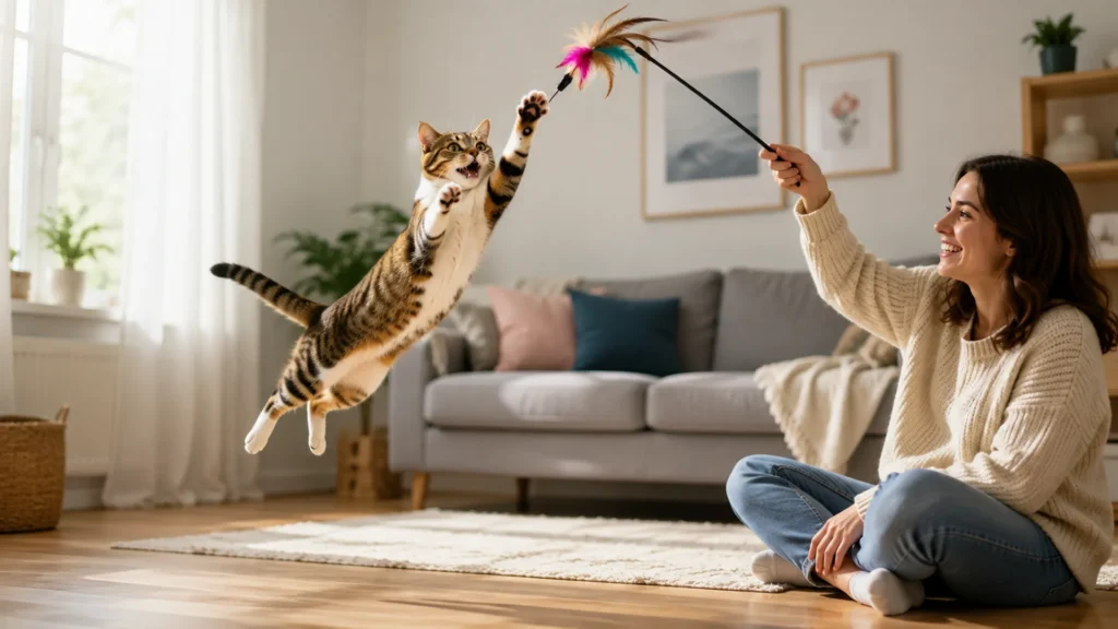 How to Stop a Cat Attacking Feet Interactive play with a wand toy to stop cat attacking feet